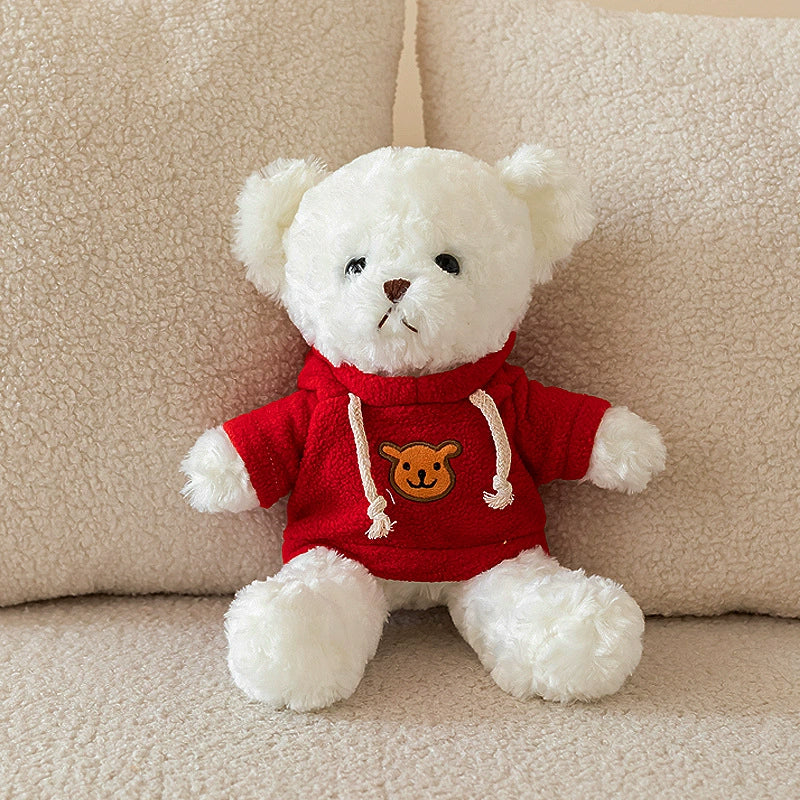 White Teddy Bear Plush in red hoodie with bear embroidery, seated invitingly, SundayHue Plush Toys